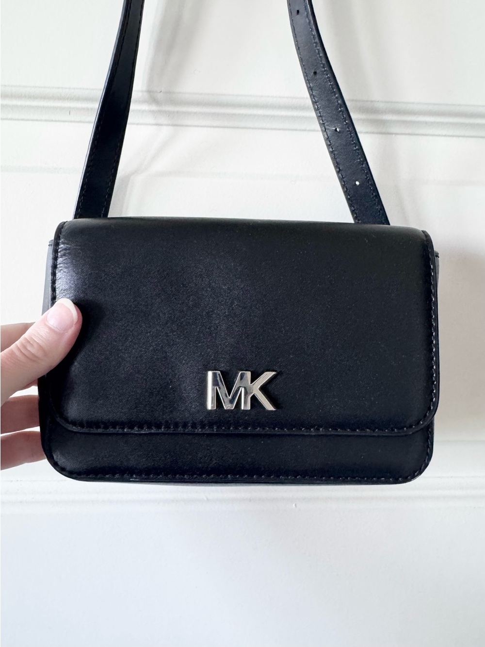 Michael Kors Black Leather Flap Shoulder Bag Silver MK Logo Adjustable Strap